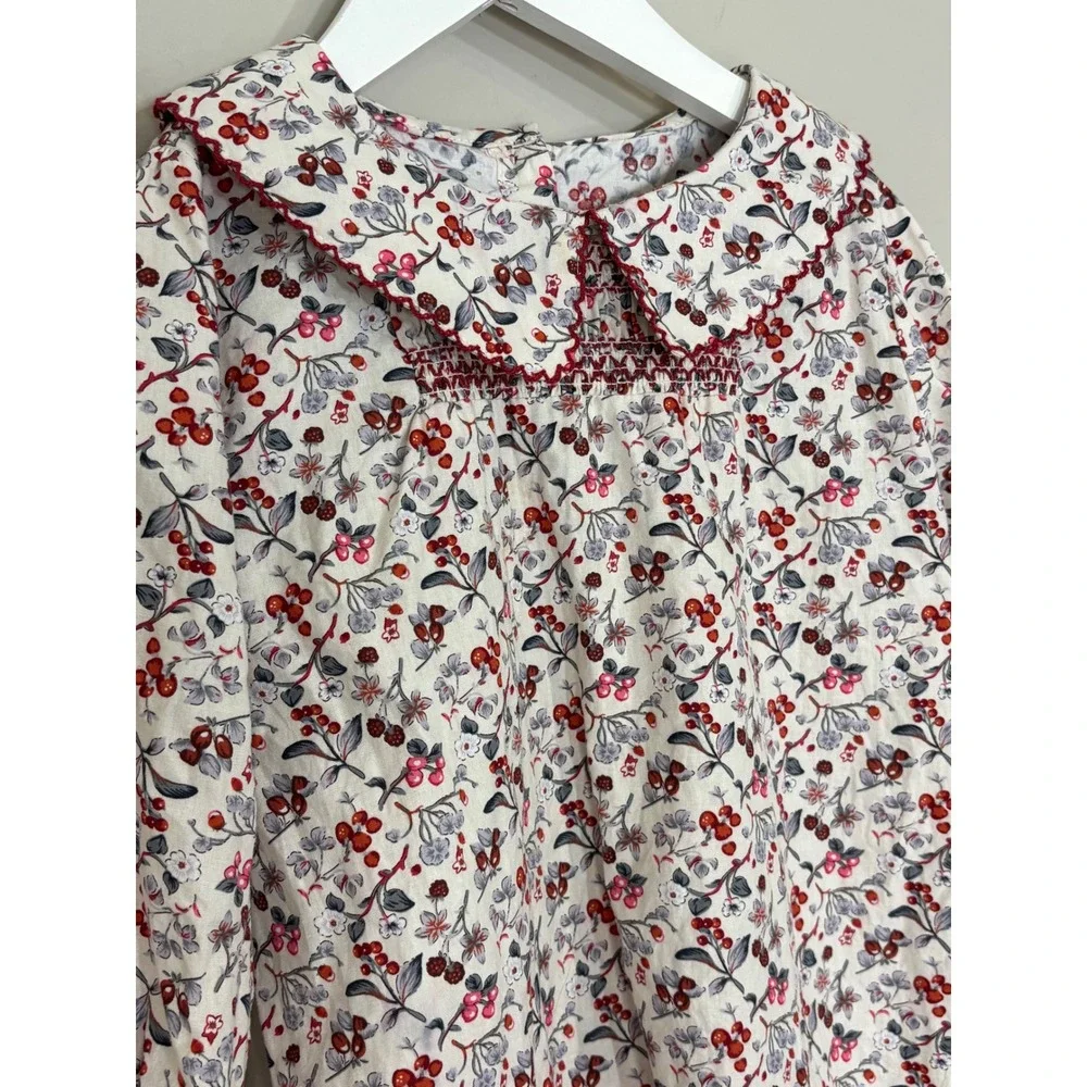 Girls Floral Berry Print Smocked Cotton Dress Peter Pan Collar Size 110 (5T)